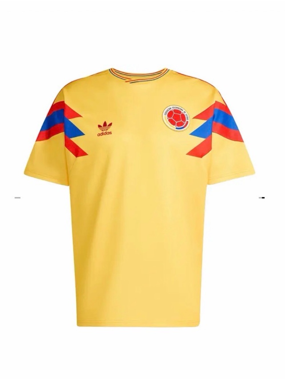 Authentic adidas Yellow Colombia Soccer Jersey with Red & Blue Sleeve Chevrons